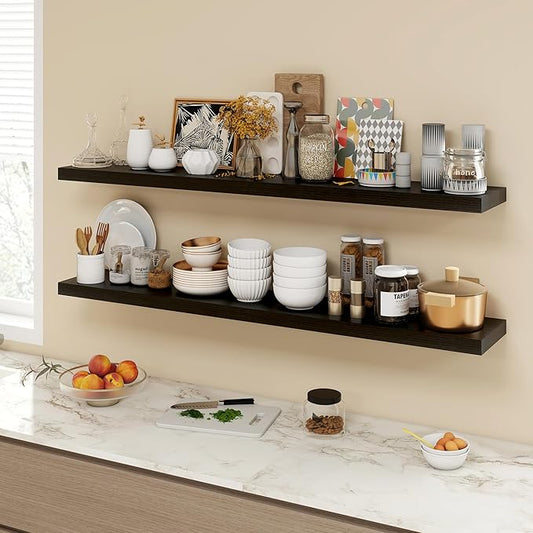 55 Inch Floating Shelves, 9.3" Deep Floating Shelf Wall Mounted, 56" Wall Shelves, Rustic Deep Bookshelf, Large Display Shelves & Storage Shelves for Bedroom, Living Room, Black, Set of 2