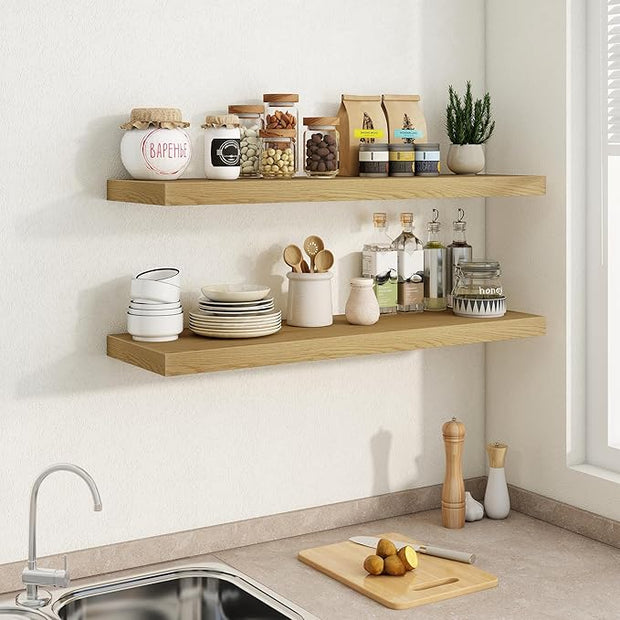 Fun Memories 40" W x 9.3" D Floating Shelves for Wall, Deep Long Floating Shelf for Home Bathroom, Bedroom, Living Room, Rustic Wood Wall Mounted Shelves for Books Decor, Oak