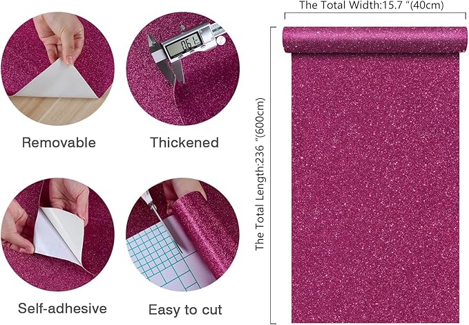 CHIHUT Hot Pink Glitter Peel and Stick Wallpaper Sparkly Pink Contact Paper for Cabinets Walls Removable Decorative Glitter Wall Paper Self Adhesive Textured Fabric Roll for DIY Crafts 15.7''x236''