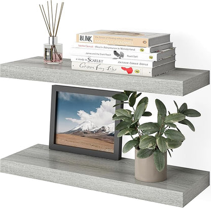 Ballucci Floating Shelves for Wall, 24" Wood Wall Shelf Set of 2, with Invisible Brackets for Bathroom, Living Room, Bedroom, Kitchen, Nursery, 8" Deep, Rustic Gray