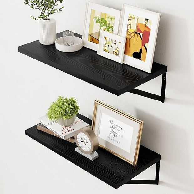 Axeman Deep Floating Shelves Black- 24 Inch Wide x 12 Inch Deep Wall Shelves Set of 2 - Black Wood Wall Shelves for Living Room Bedroom Laundry Room