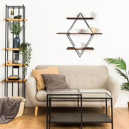 Modern Wooden Floating Wall Shelf Decor for Wall Storage – Geometric Design Decorative Wall Mount 3-Tier Hanging Shelf Plant Display for Bedroom, Living Room, Bathroom, Kitchen