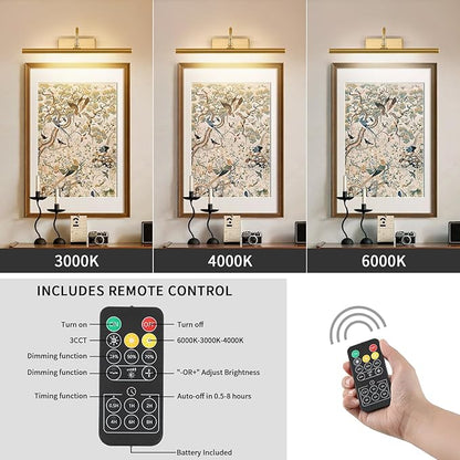Picture Light for Wall, 5000mAh Rechargeable Wireless Remote Lights, Dimmable Gold LED Art Painting Light with 3 Color Temps, Display for Gallery, Living Room, Bedroom, Hallway (16-Inch)