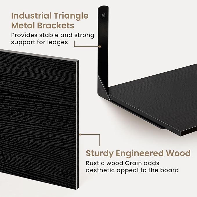 Fun Memories Floating Shelves for Wall, 12 Inch Deep Floating Shelves Set of 2, Wall Mounted Shelf with Metal Brackets, Rustic Wood Wide Shelf for Bathroom, Kitchen and Living Room, Black, 48W x 12D