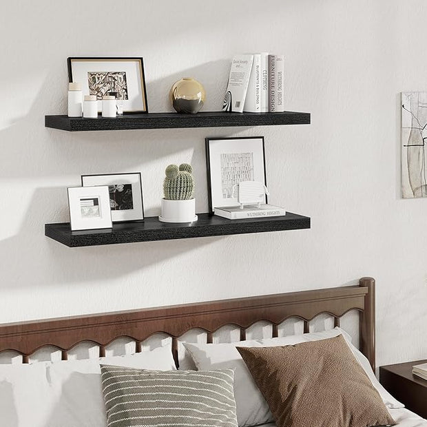 Fun Memories 12 Deep Floating Shelves, 40W x 12D Floating Shelves for Wall Set of 2, Extra Deeper Hanging Wood Shelves for Wall for Living Room Kitchen Laundry Room Kitchen Home Office - Black