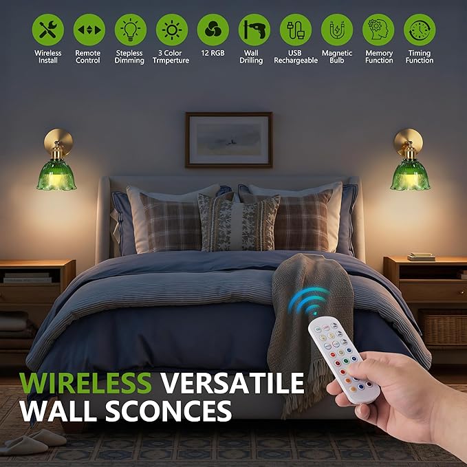 Jeanmsa Vintage Battery Operated Wall Sconce, Rechargeable RGB Dimmable Lights with Remote Control, Green Glass Cordless Mounted Lighting for Bedroom
