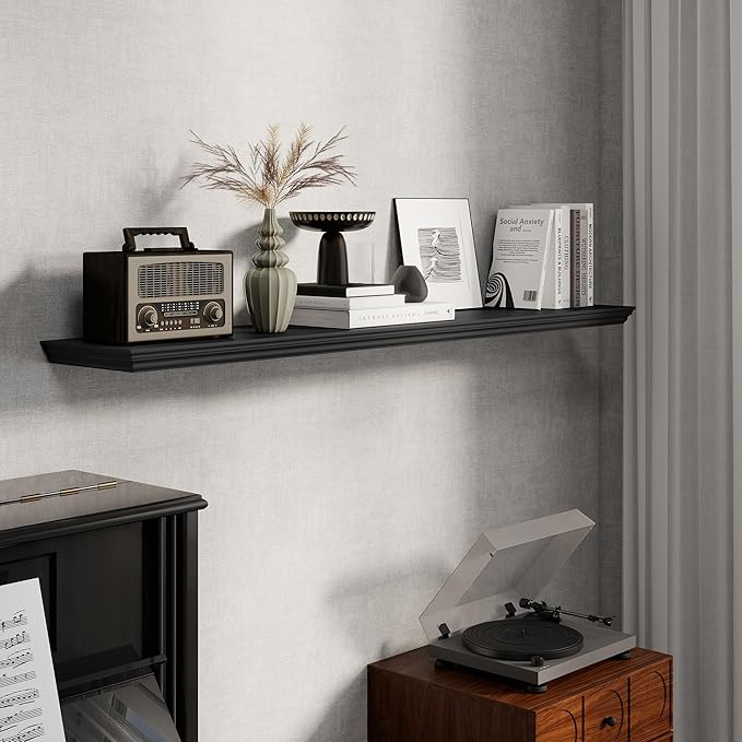 Fun Memories Floating Shelves 55 Inch Long, 9.3 Inch Deep Classic Crown Molding Floating Shelves for Wall, Rustic Wooden Shelves for Wall Decor Bathroom, Kitchen, Office, (Black, 1Pack)
