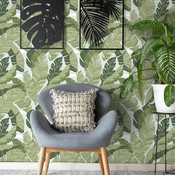 Peel and Stick Wallpaper Green Leaves Tropical Palm Wallpaper 16.1" × 197" Contact Paper Removable Self-Adhesive Wall Paper Decorative Shelf Drawer Liner Roll Waterproof