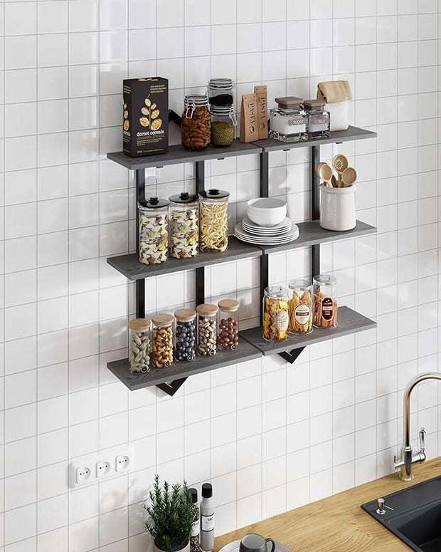 3 Tier Floating Shelves, Set of 2 Wall Shelves for Living Room, Modern Geometric Wooden Shelf for Wall Decor, Hanging Storage Shelf for Bedroom Bathroom Kitchen Home Office (Greige + Black)