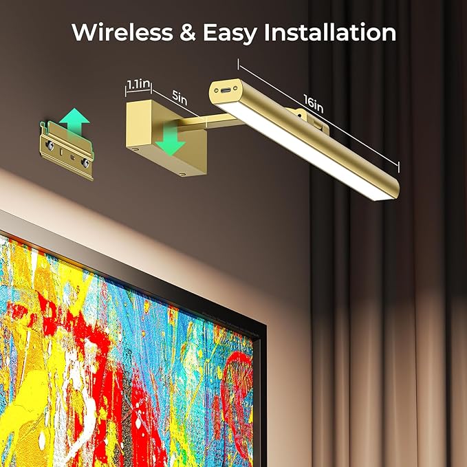 Wireless Picture Lights for Wall, Battery Operated Wall Light for Painting Rechargeable CCT Rotatable Art Gallery Light with Remote Dimmable Timer for Artwork Frame Display Dartboard (Gold, 16inch)