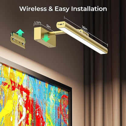 Wireless Picture Lights for Wall, Battery Operated Wall Light for Painting Rechargeable CCT Rotatable Art Gallery Light with Remote Dimmable Timer for Artwork Frame Display Dartboard (Gold, 16inch)