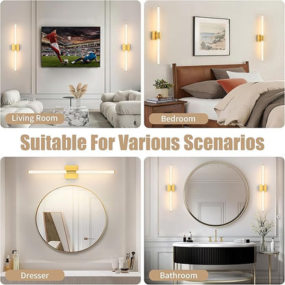 Gold Battery Operated Wall Sconces Set of 2, Rechargeable Battery Wall Sconce with Remote, Dimmable 3 Color LED Wireless Wall Lights, 360° Full Lighting, Timer & Memory Function 24 Inch