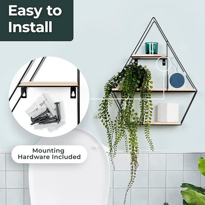 Greenco Geometric Diamond Gem Shaped Mounted Floating Shelves, Home Decor, Metal Wire and Rustic Wood Wall Storage Shelves for Bedroom, Living Room, Bathroom, Kitchen, Office