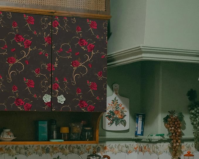 FLFK Gothic Rose Floral Wallpaper Peel and Stick 16in x 64in Wall Paper for Walls, Kitchen, Bathroom, Bedroom, Living Room, Dining Room, Office, Home Decor