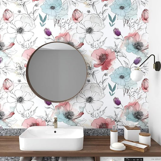 Floral Peel and Stick Wallpaper, Watercolor Flowers Contact Paper 17.5" x 393.7",Large Blooming Flower Botanical Wall Paper Self Adhesive Removable for Shelves Cabinet Table Decor- White,Blue,Pink