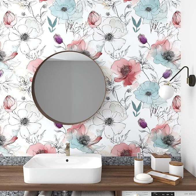 Floral Peel and Stick Wallpaper, Watercolor Flowers Contact Paper,Large Blooming Flower Botanical Wall Paper Self Adhesive Removable for Shelves Cabinet Table Decor 17.5" x 118"- White, Pink, Blue