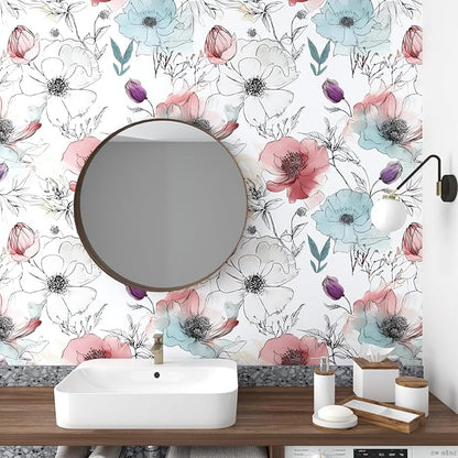 Floral Peel and Stick Wallpaper, Watercolor Flowers Contact Paper,Large Blooming Flower Botanical Wall Paper Self Adhesive Removable for Shelves Cabinet Table Decor 17.5" x 118"- White, Pink, Blue