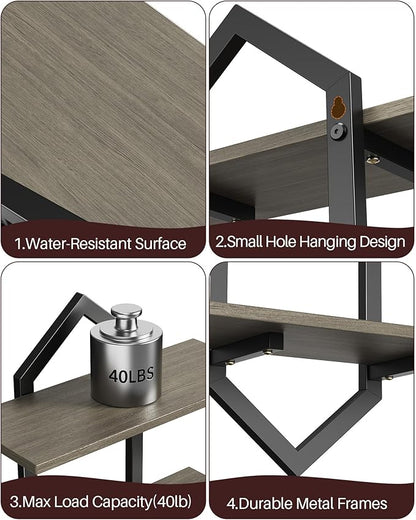Floating Shelves, Set of 2 Wall Shelf, Wall Mounted Decorative Shelves, 2-Tier Modern Geometric Hanging Storage Shelf for Living Room, Bedroom, Kitchen, Office, Study (Greige + Black)