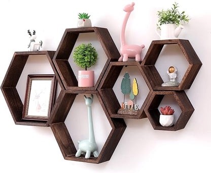 WONFUlity Hexagon Floating Shelves Honeycomb Shelves Wall Mounted Wood Farmhouse Storage Wall Shelf for Bathroom, Kitchen, Bedroom, Living Room,Driftwood Finish Decor,Dark Brwon