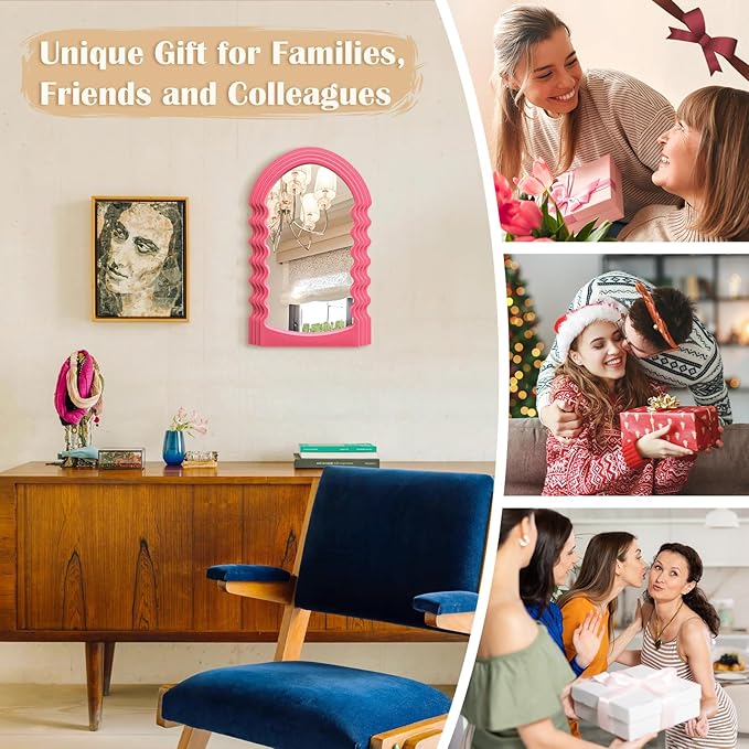 Wavy Wall Mirror for Living Room Decor, Velvet Finish Funky Wall Mounted Mirror for Girly Bedroom Decoration, Cute Hanging Sculpture Home Accent for Dining Room Kitchen (Pink)
