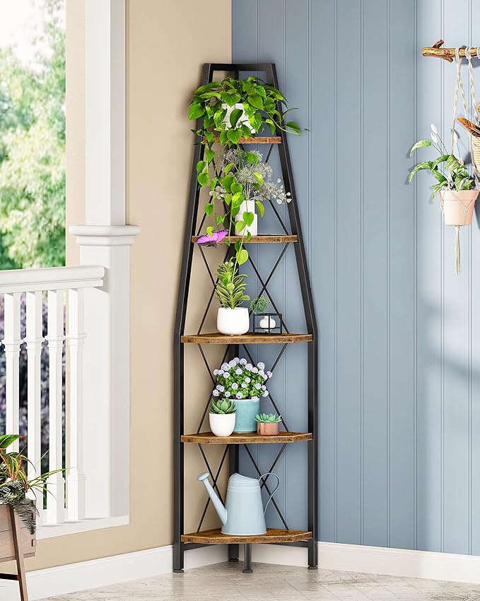 5-Tier Corner Shelf, Corner Bookshelf, Ladder Shelf, Floor Standing Storage Rack, Open Display Stand, Plant Stand, for Living Room, Bedroom, Study, Bathroom, Rustic Brown and Black TCJ22BF