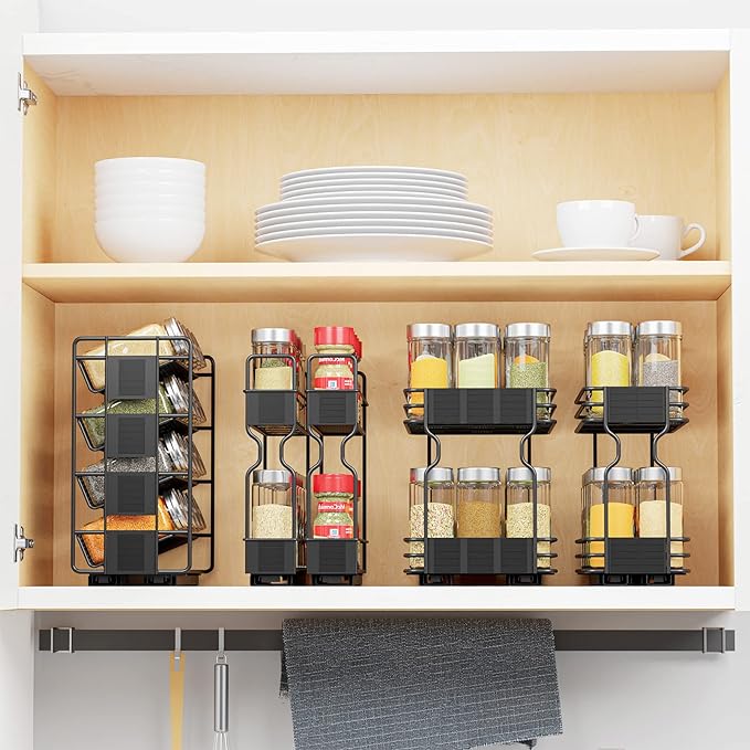 SpaceAid Pull Out Spice Rack Organizer with 20 Jars, Heavy Duty Slide Out Seasoning Organizer for Kitchen Cabinets, with 801 Labels and Chalk Marker, Right Facing (Pack of 2)