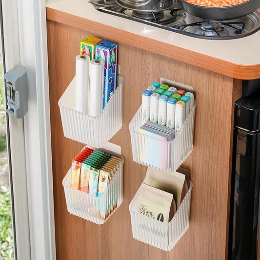 NiHome 4-Pack Plastic Wall Mount Storage Caddy for RV/Camper Storage and Organization, Self Adhesive Cabinet Door Organizer for Bathroom/Kitchen, Camper Must Haves & Small Item Organization
