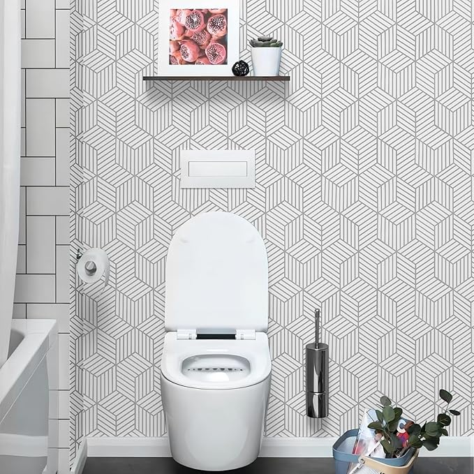 WENMER Geometric Hexagon Peel and Stick Wallpaper - 17.71 Inch x 197 Inch Silver Removable Self-Adhesive Vinyl Film for Home Drawer Shelf Use