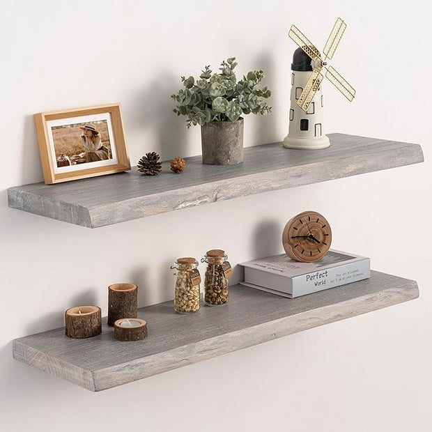 Live Edge Floating Shelves Set of 2, 32 Inch Solid Elm Wood Wall Shelves - Invisible Bracket Mount for Living Room, Bedroom, Kitchen, Bathroom | Weathered Gray