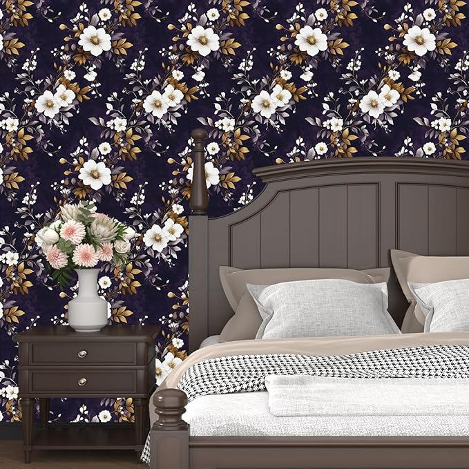 Vintage Floral Wallpaper Peel and Stick Purple White Flowers Contact Paper 17.5" x 118" Wall Paper Self Adhesive Vinyl Waterproof Removable for Kitchen Bathroom Shelves Cabinet Drawer Table Decor