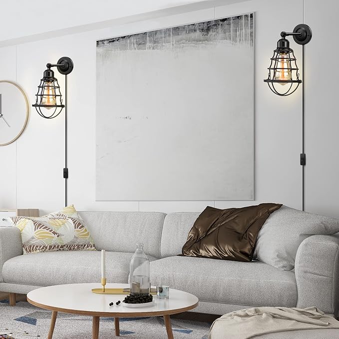 Plug in Wall Sconces 2pack, Industrial Wall Lamp with Plug in Cord, Farmhouse Wall Sconces, Wire Cage Wall Sconce, Vintage Wall Mounted Lamp, Plug in WallLighting Sconce, Black