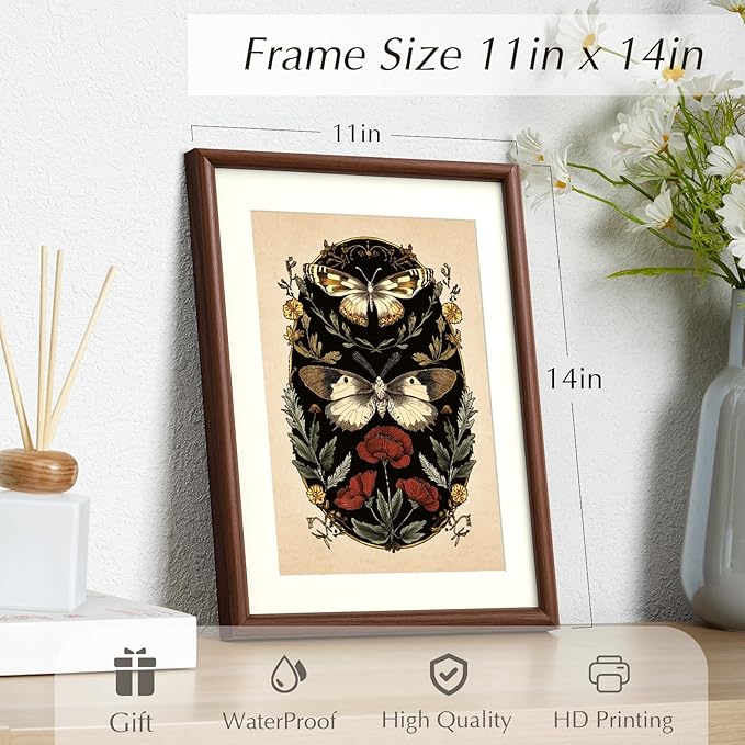 InSimSea Framed Canvas Wall Art with Mat, Moody Butterfly & Botanical Prints Artwork, Vintage Dark Botanical Wall Art for Living Room Bedroom Office, Retro Bathroom Decor Aesthetic, 11x14 Inch(Walnut)