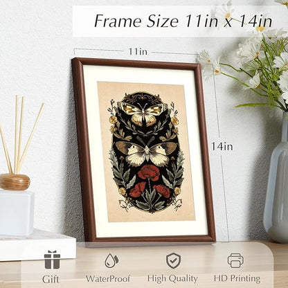 InSimSea Framed Canvas Wall Art with Mat, Moody Butterfly & Botanical Prints Artwork, Vintage Dark Botanical Wall Art for Living Room Bedroom Office, Retro Bathroom Decor Aesthetic, 11x14 Inch(Walnut)