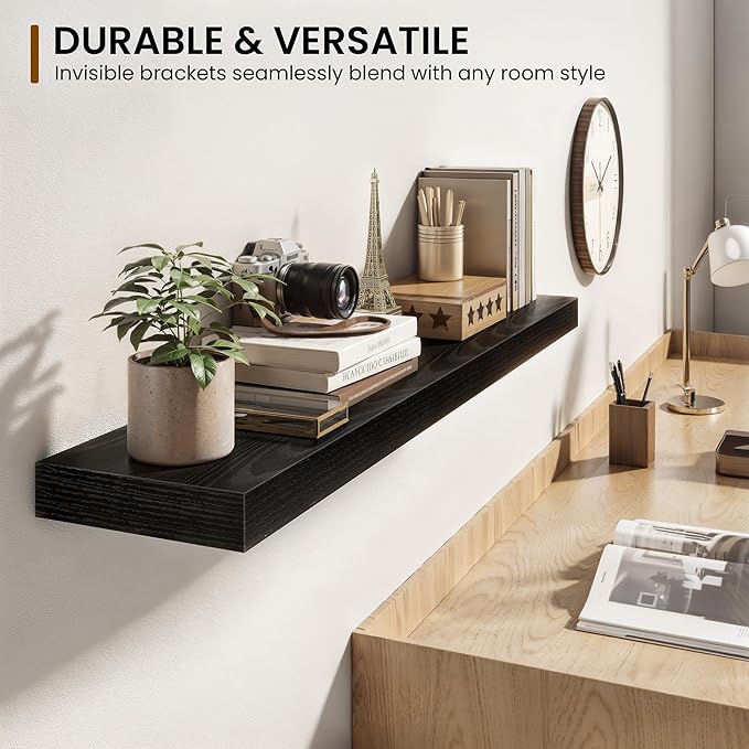 16 Inch Floating Shelves for Wall 2 Pack, 16" Wall Shelves for Books, Storage, Decor, Wall Mounted Floating Shelf with Invisible Brackets for Kitchen, Living Room, Black