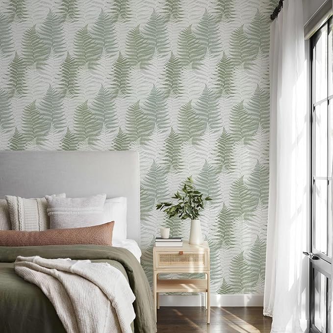 JiffDiff Botanical Fern Peel and Stick Wallpaper 17.73" x 118.1" Leaf Moody Ferns Forest Textured Self Adhesive Temporary Wall Paper for Bathroom Bedroom Apartment Friendly