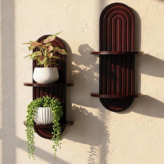 Plant Wall Shelves with Arched Wooden Design, Mid Century Modern Decor Floating Shelf Set of 2 - Boho Wall Decor for Indoor Plants Living Room Bathroom Office, 23.6 x 11.8 Inches