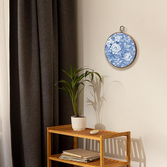 KSDUT Aesthetic Blue Flower Retro Wall Art Decor - Botanical Neutral Mid Century Modern Wall Art Canvas Frame Hanging Prints, Vintage Landscape Round Wall Art Decor for Home Decorations 10"x10"