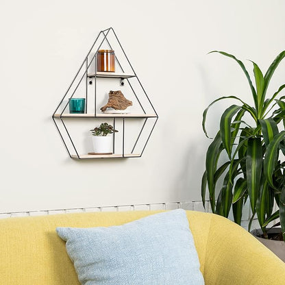 Greenco Geometric Diamond Gem Shaped Mounted Floating Shelves, Home Decor, Metal Wire and Rustic Wood Wall Storage Shelves for Bedroom, Living Room, Bathroom, Kitchen, Office