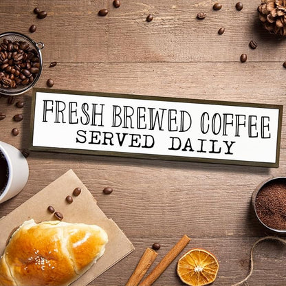 Coffee Signs, Coffee Station Decor, Farmhouse Tabletop Shelf Decoration for Kitchen, Home Bar Cafe Decors, Fresh Brewed Coffees Served Daily Sign, 17.8x4x1.2 inches