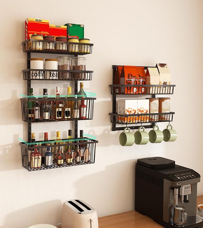 Over The Door Pantry Organizer, Pantry Organization and Storage, 6-Tier Deep Baskets Hanging Heavy-Duty Metal, Wall Spice Rack Seasoning Shelves for Home & Kitchen, Laundry Room Bathroom, Black
