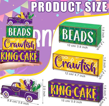 Marsui 4 Pcs Mardi Gras Decorations Mardi Gras Centerpieces Table Decorations Farmhouse Wooden Tabletop Blocks Sign for Home Party Rustic Tiered Tray Shelf Office Carnival Decor
