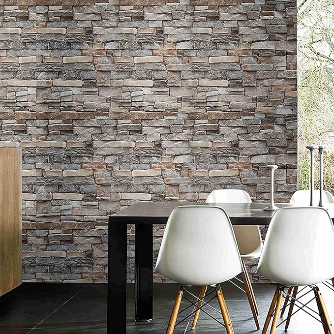 Abyssaly Peel and Stick Wallpaper Stone Brick Stick on Wallpaper 23.6" X 275.5" Thick Cleanable Self-Adhesive Removable Home Decorate Wall Paper Vinyl Shelf Paper Fireplace Christmas Decoration