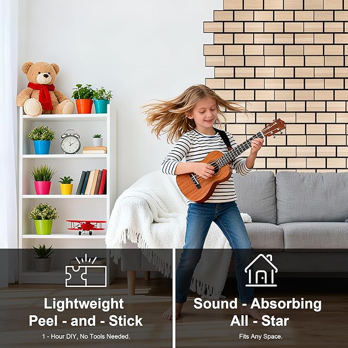 WoveN SounD Brick Acoustic Wall Panels, 16 Pack 16x12 Inch, Wood Veneer Carved Sound Proof Wall Decor, Self-Adhesive for Home, Studio, Office & Focus Zones, Natural Oak