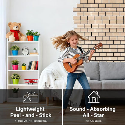 WoveN SounD Brick Acoustic Wall Panels, 16 Pack 16x12 Inch, Wood Veneer Carved Sound Proof Wall Decor, Self-Adhesive for Home, Studio, Office & Focus Zones, Natural Oak
