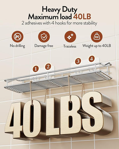 Orimade Bathroom Shelf Organizer Shower Caddy Storage Kitchen Rack with Traceless Transparent Adhesive No Drilling SUS304 Stainless Steel, 15.75 inch, Silver