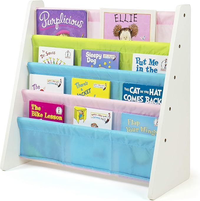 Humble Crew 4-Tier Kids Bookshelf, White Wood/Pastels - Premium Book Shelf for Kids Rooms with Four Deep Pockets - Toddler Sling Book Rack with Deep Sleeves, Nursery Bookcase Organizer