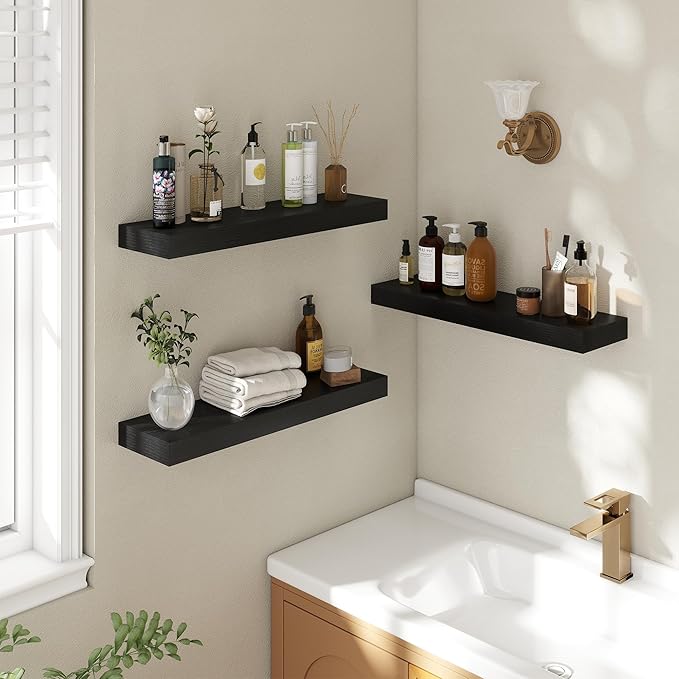 24 Inch Floating Shelves | 6.5 Inch Deep Black Floating Shelves Set of 2 | 24" W x 6.5" D Rustic Black Wood Wall Shelves with Invisible Brackets for Bathroom Living Room Bedroom