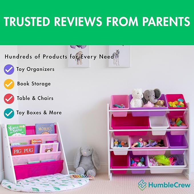 Humble Crew 4-Tier Kids Bookshelf, White Wood/Pink/Purple - Premium Book Shelf for Kids Rooms with Four Deep Pockets - Toddler Sling Book Rack with Deep Sleeves, Nursery Bookcase Organizer