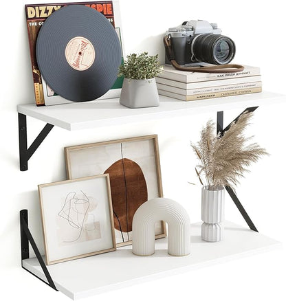 Floating Shelves for Wall Decor,24" Wx8 D Wall Mount Floating Bookshelf Set of 2,Hanging Storage Shelf with Sturdy Metal Brackets,Wooden Shelf for Living Room,Bedroom,Bathroom,White