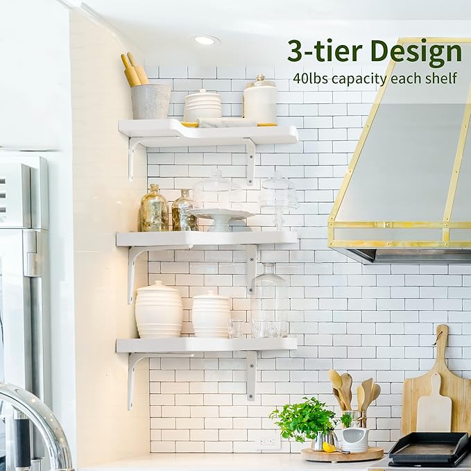 fuqing Corner Floating Shelves, Wall Shelf Set of 3, Shelves for Wall Storage, Solid Wood Shelves for Storage, Wall Mount Wooden Display Shelf for Bathroom Bedroom Kitchen Garage, White
